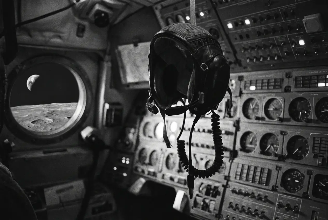 An Apollo-era communications headset floating in a dim spacecraft cabin