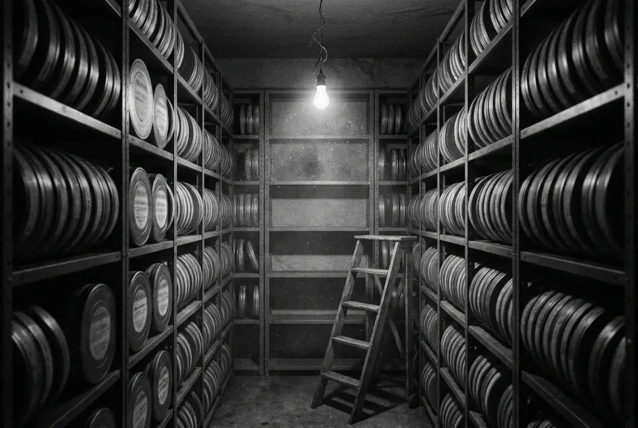 Racks of aging magnetic telemetry tape reels in a government storage room