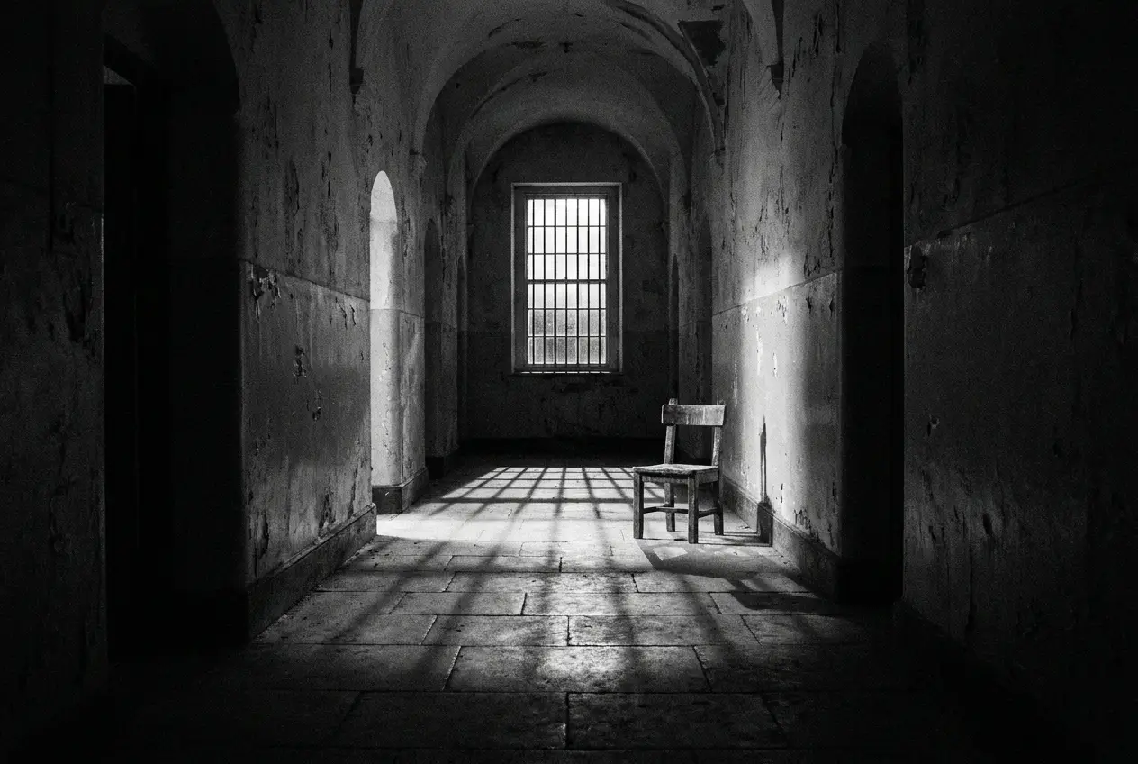 Reconstruction of a Victorian asylum ward under moonlight, a nurse making notes by lamplight