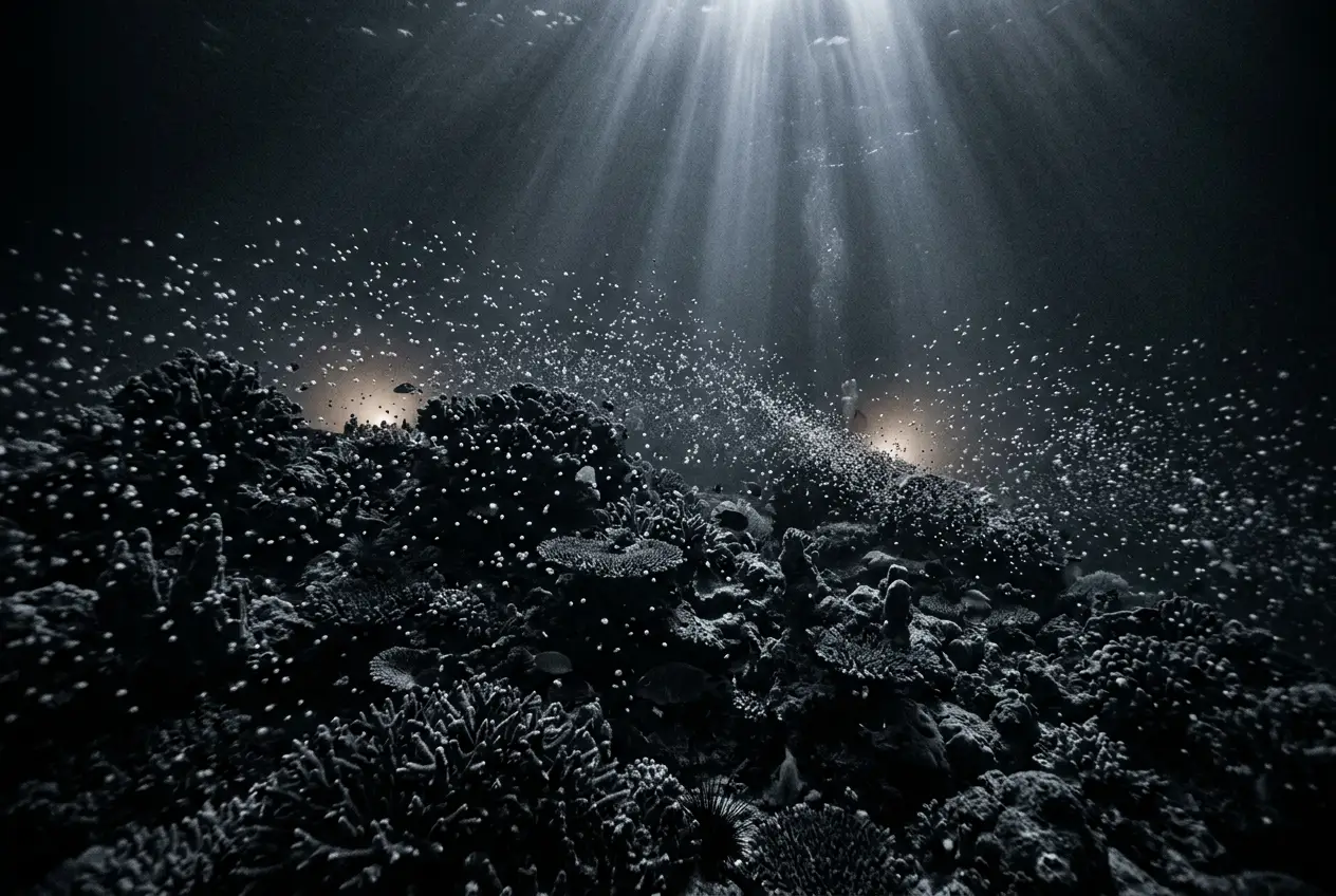 Reconstruction of Great Barrier Reef coral mass spawning at night, an underwater snowstorm of eggs under moonlight