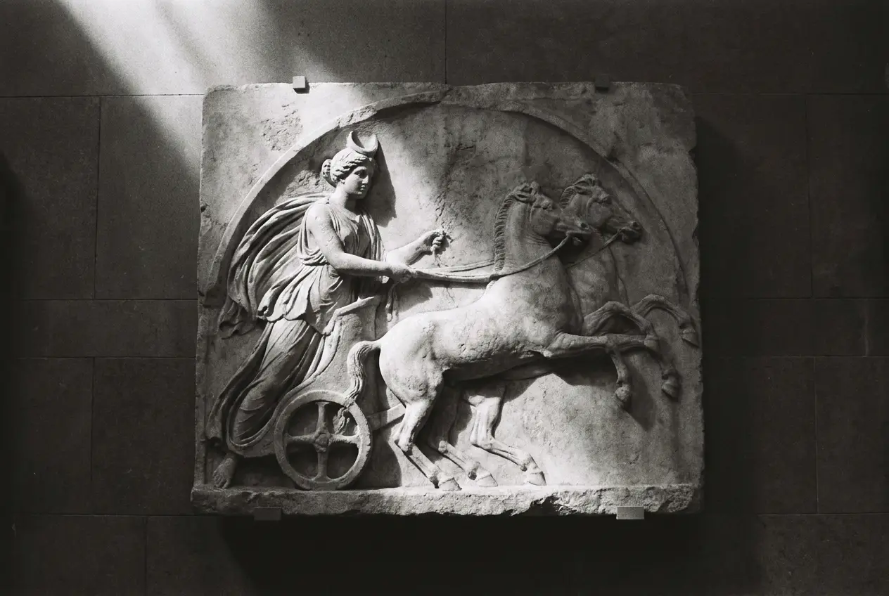 Reconstruction of Selene the moon goddess descending in her chariot to the sleeping shepherd Endymion