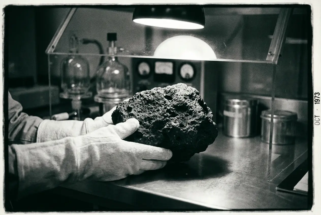 Reconstruction of a lunar sample in a laboratory nitrogen cabinet, gloved hands holding a micrometeorite-pitted rock