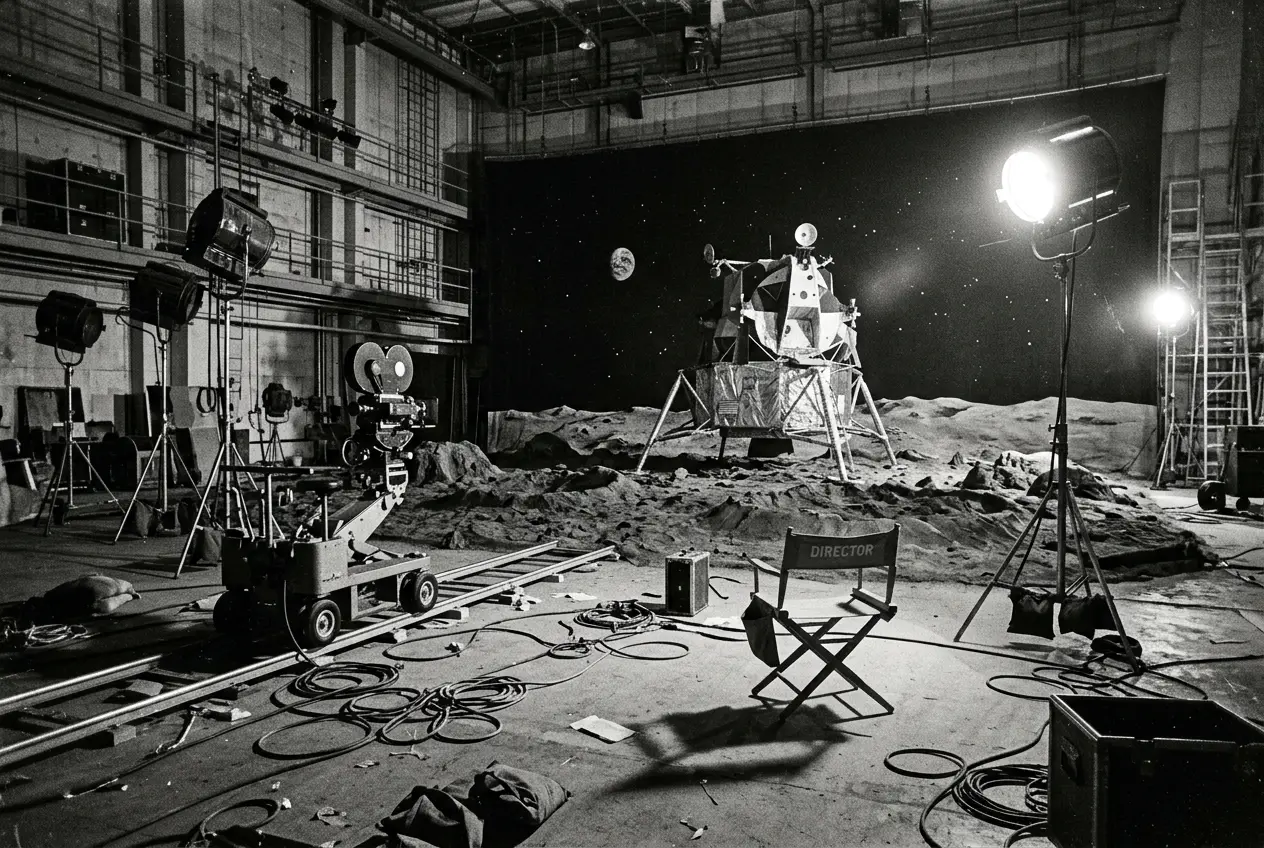 Reconstruction of the imagined Nevada soundstage: a lunar set under studio lights, cameras on dollies