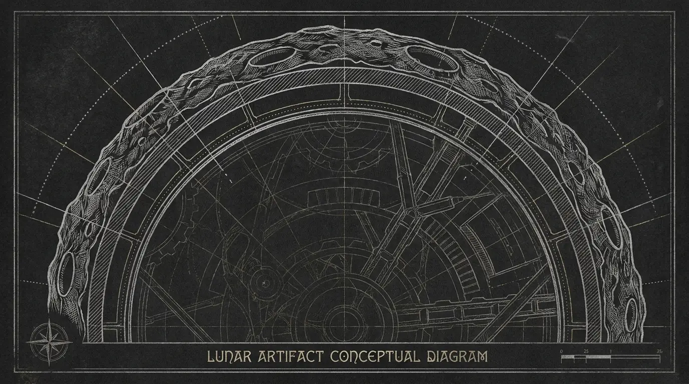 Cutaway diagram of a hollow Moon: rock armor hull, inner cavity, machinery decks — the Spaceship Moon as its believers imagine it