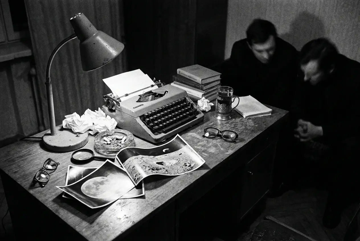 A Moscow editorial desk in 1970: typewriter, lunar charts and a copy of Sputnik magazine under lamplight