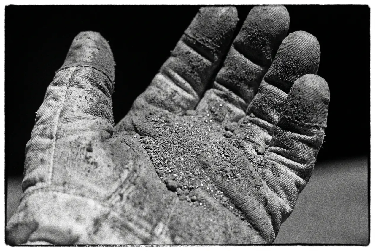 An astronaut's glove coated in fine grey lunar dust