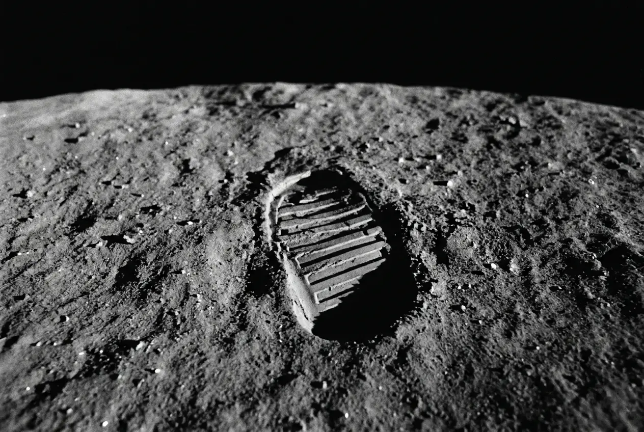 A single crisp astronaut bootprint pressed into lunar regolith