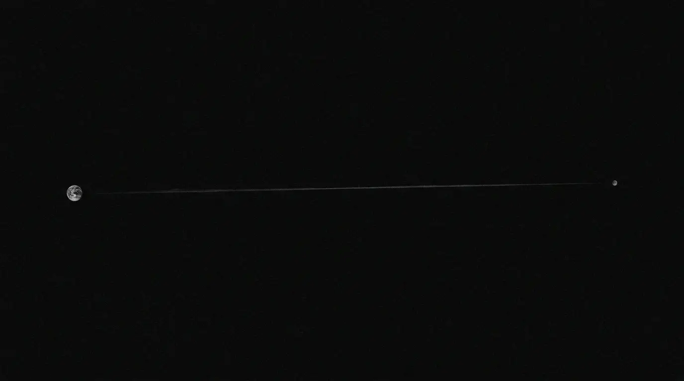 The Earth–Moon system drawn to true scale: a small Earth, a smaller Moon, and a vast stretch of empty space between them