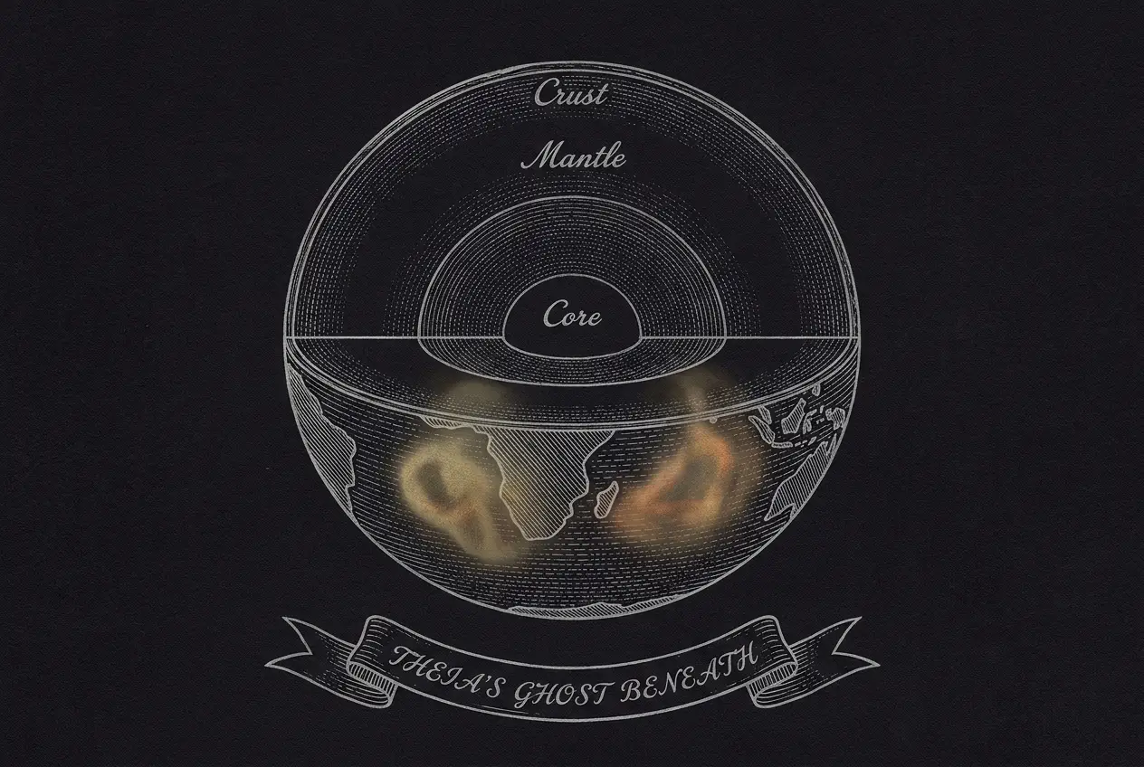 Cutaway of Earth's interior showing two continent-sized dense masses resting at the base of the mantle