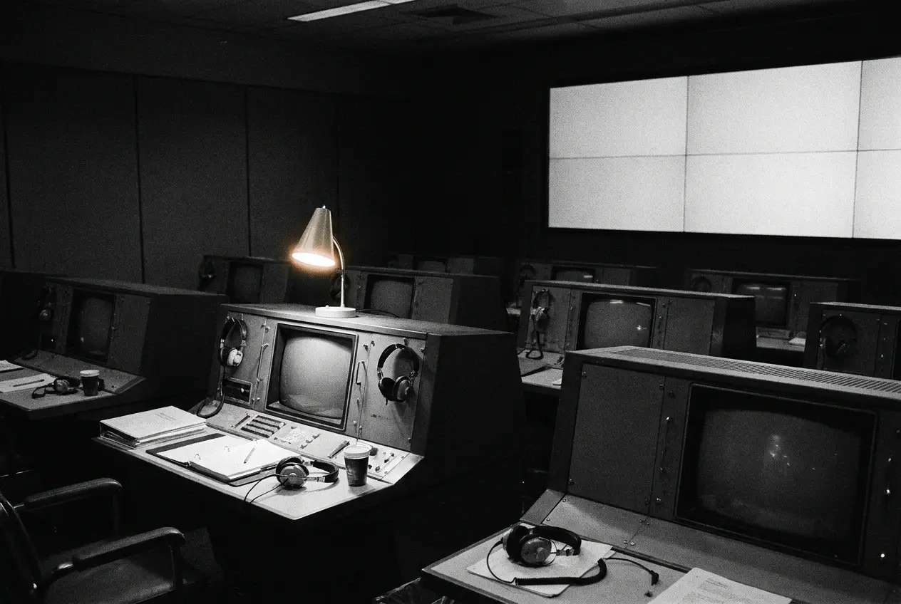 A 1970s mission control room, rows of consoles going dark after the race was won
