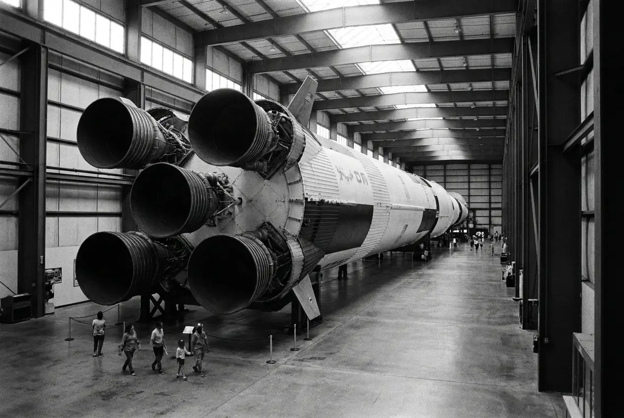 A Saturn V rocket laid on its side in a museum hall — one of the Moon rockets built for Apollo 18, 19 and 20 that never flew