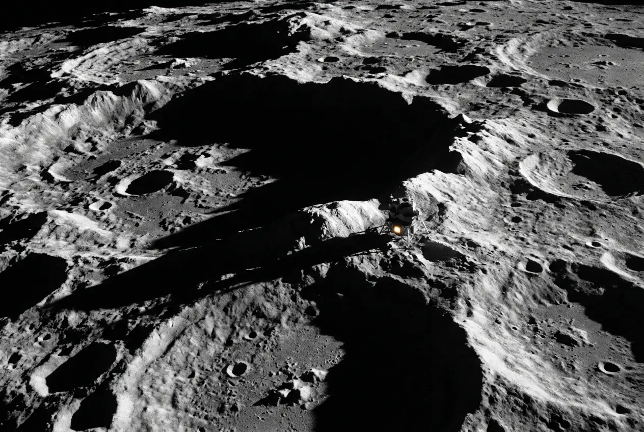 The lunar south pole: permanently shadowed crater floors beside sunlit rims — the ice that restarted the Moon race
