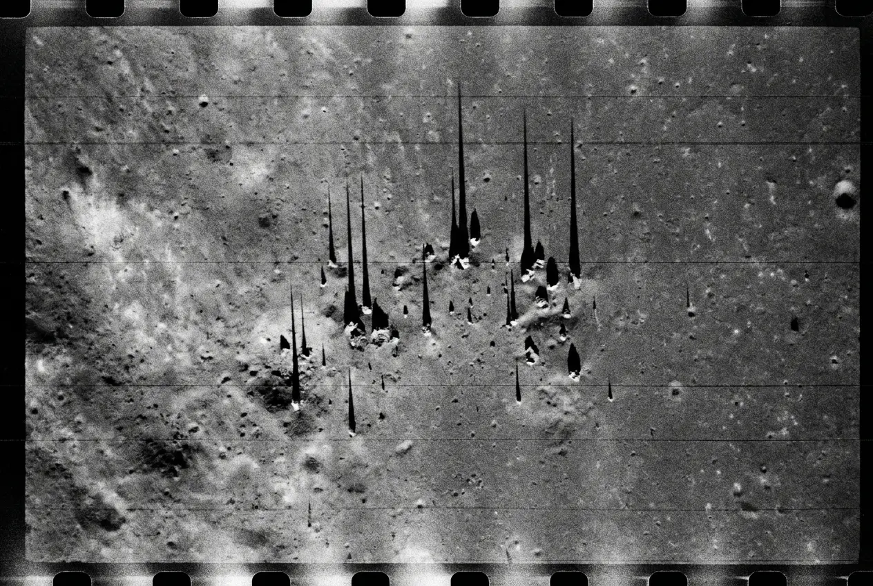 Reconstruction of Lunar Orbiter 2 frame LO2-61H3: boulders casting long needle shadows at low sun