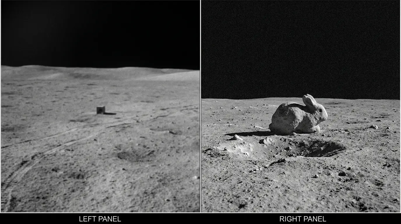 Diptych: a distant cube-like silhouette on the lunar horizon, and the small rabbit-shaped boulder it turned out to be