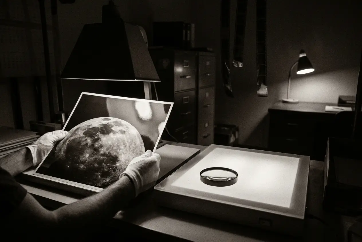 A 1970s photographic laboratory: gloved hands examining a lunar print under a safelight