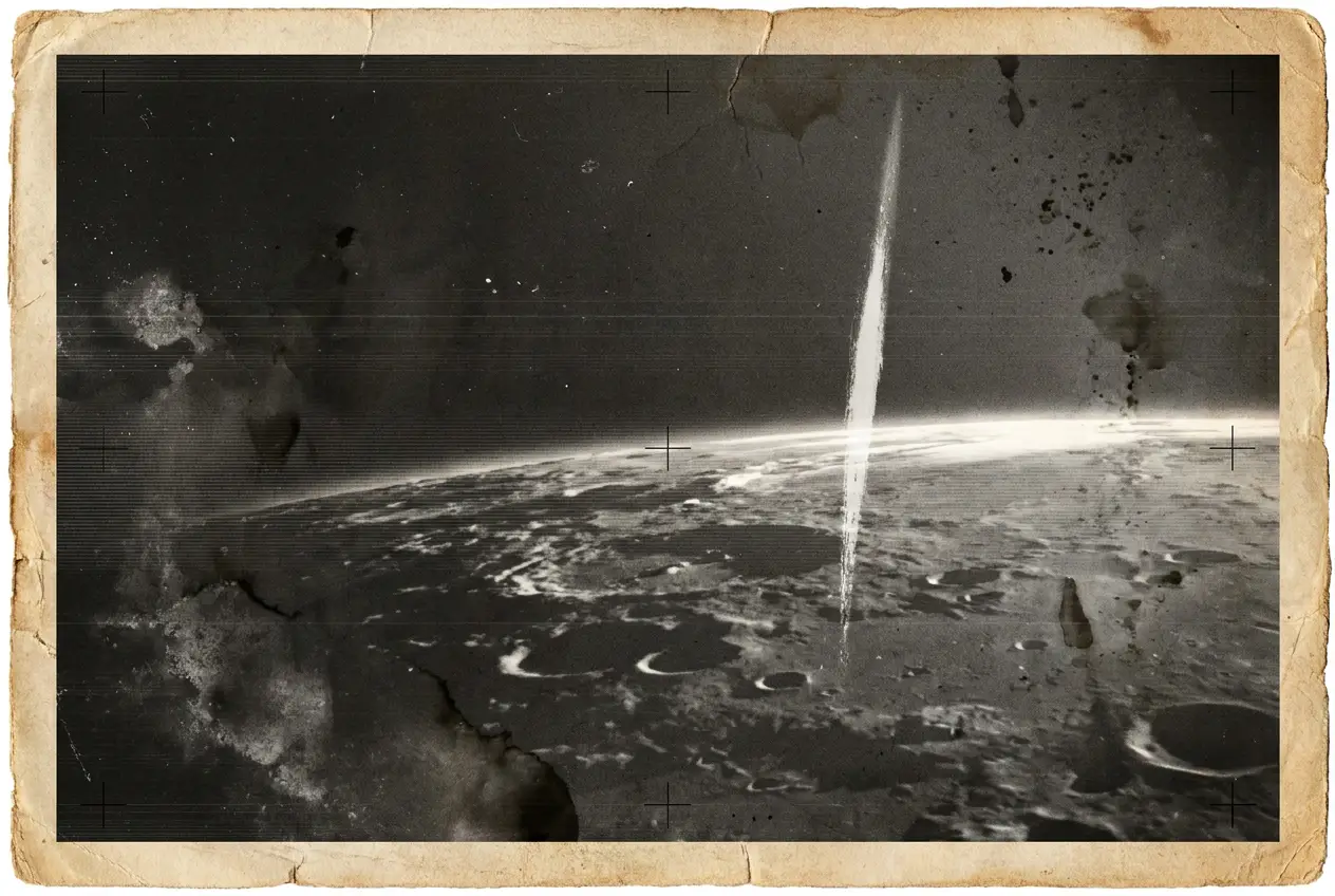 Degraded Lunar Orbiter film frame with a bright vertical streak artifact resembling a spire