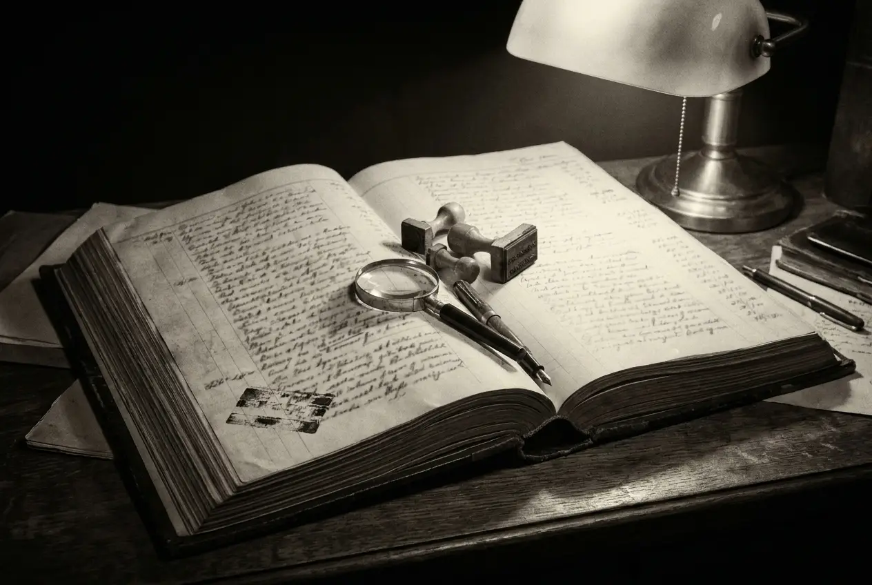 A courtroom ledger under lamplight: two facing columns of handwritten evidence, for and against